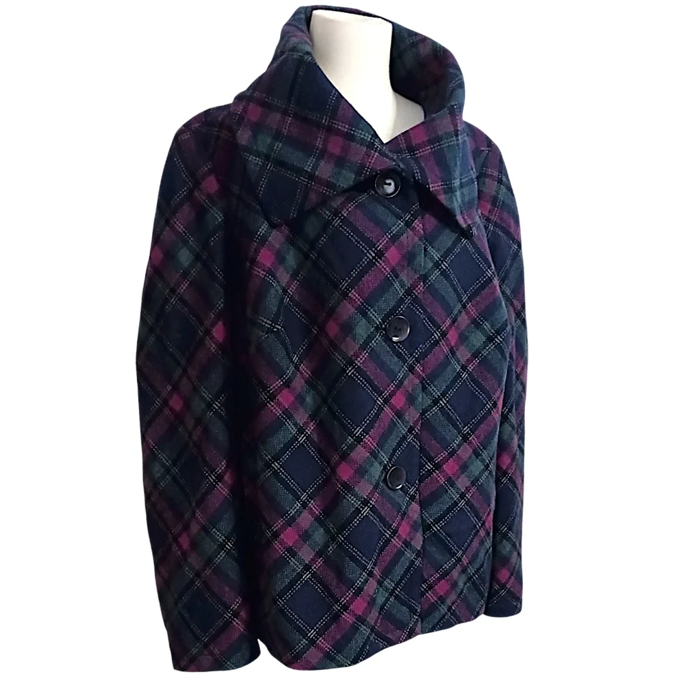 Talbots Plaid Wool Blend Jacket 18W Pea Coat Pocket Swing Lined Oversized Collar - Picture 3 of 16
